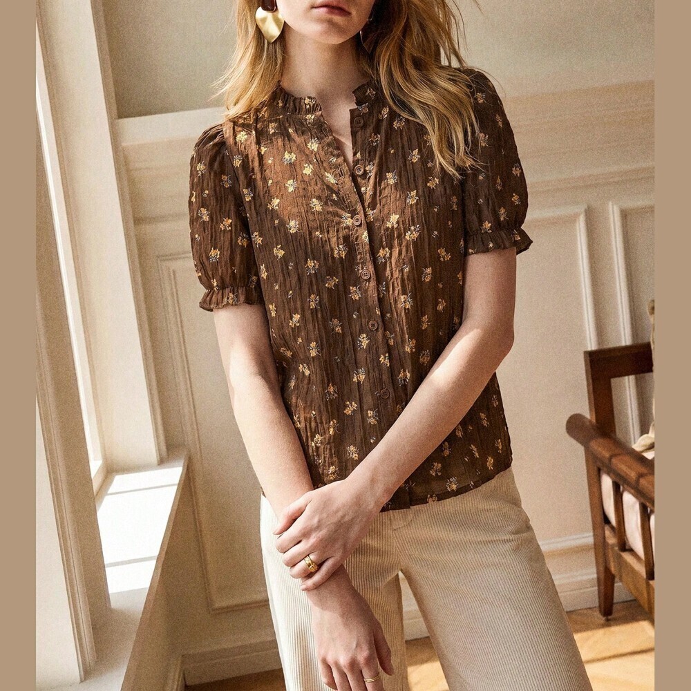 Brown / Yellow Floral Print Puff Sleeve Button Front Blouse